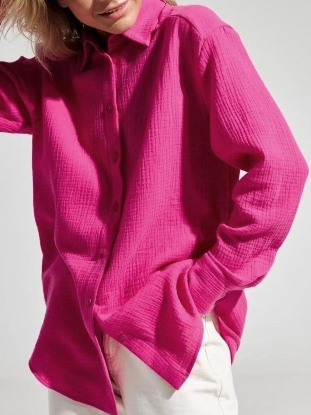 Women's Shirt Texture Oversized Button Up Long Sleeve Top Rose Red 4e9b0188-ffcf-4939-867a-2cac7f83da63-Max-Origin Trendsi