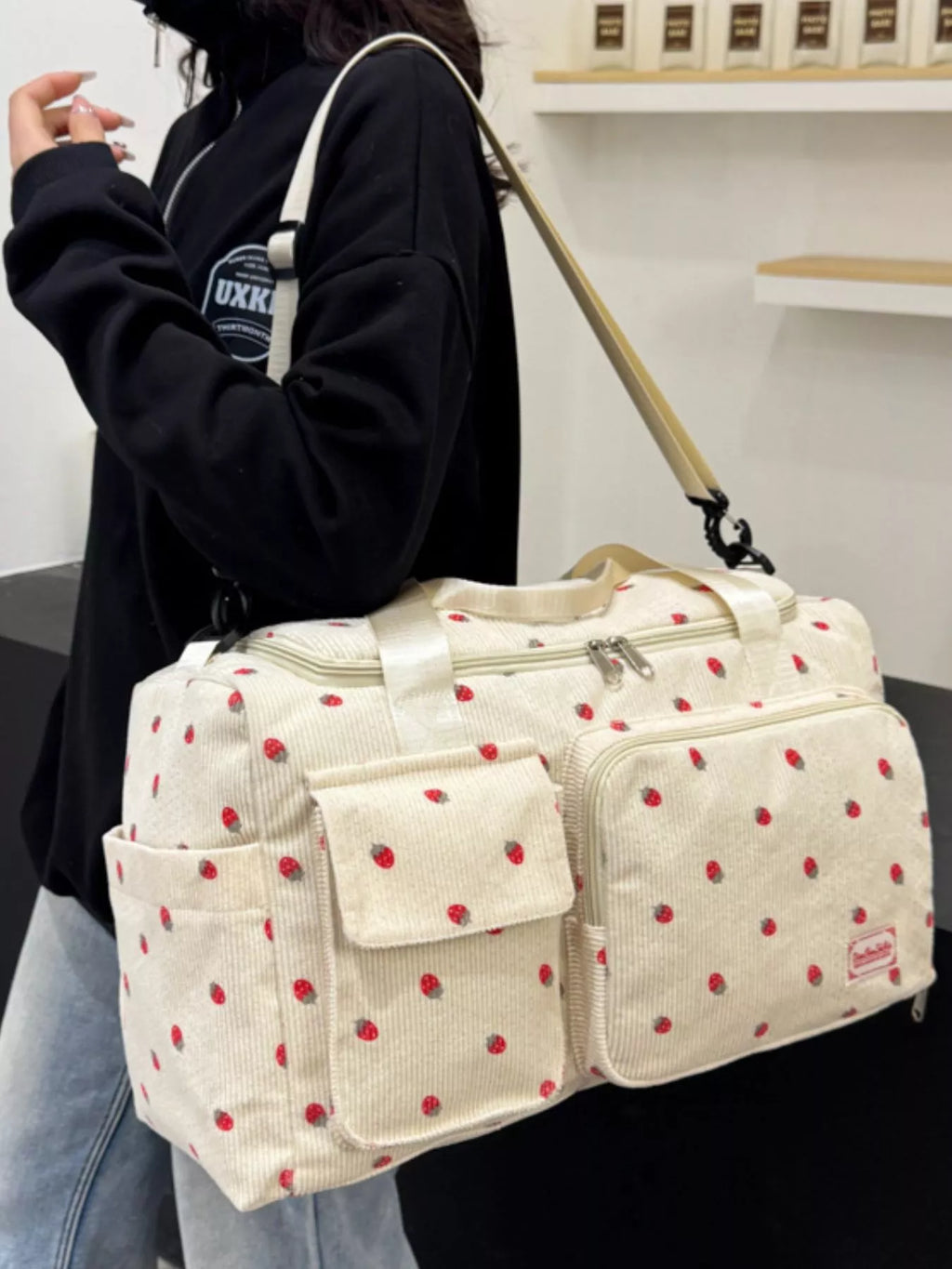 Travel Bag Large Corduroy Strawberry Print Handbag Off-white One Size 4e9f0213-86b2-4078-882f-404d9ca3ae69-Max-Origin Trendsi