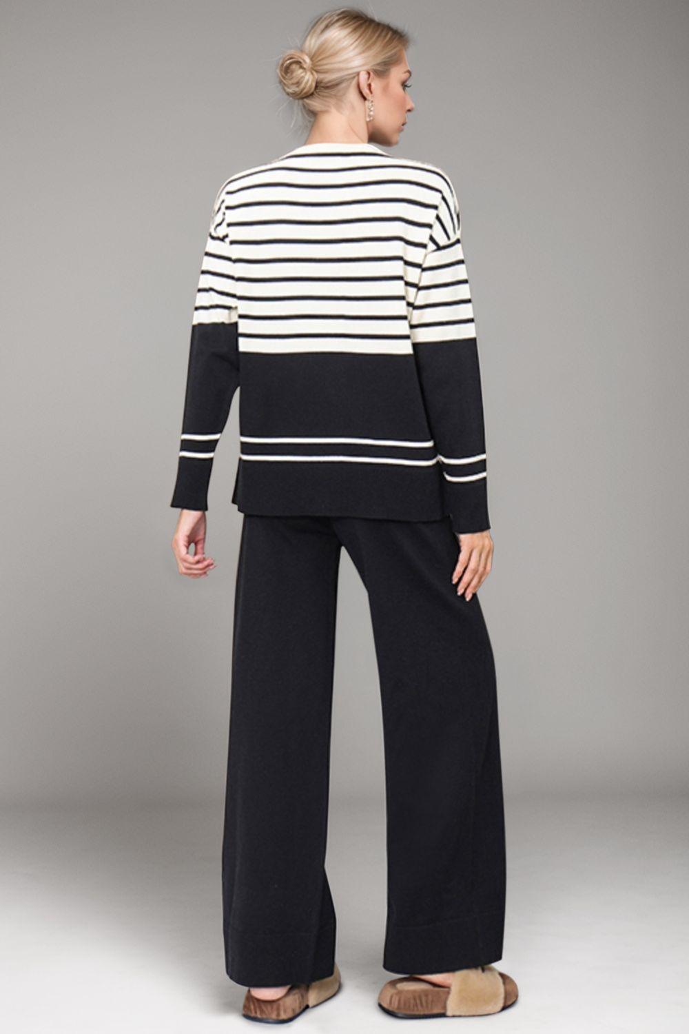 Basic Bae Outfit Sweater Set Striped Round Neck Long Sleeve Top and Pants Set