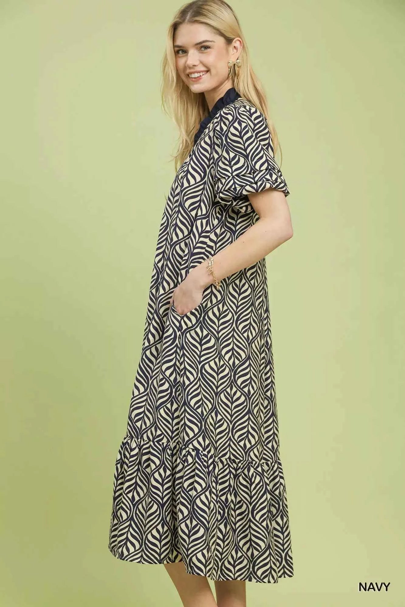 Umgee Leaf Print Ruffle Neck Midi Dress
