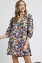 Umgee Mini Dress Boho Brown Floral Mix Print Balloon 3/4 Sleeve BROWN MIX 4eae5d34-2bf8-4a84-915e-539d5cba3ab0-Max-Origin Trendsi
