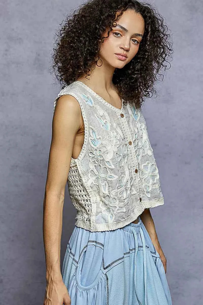 POL Button Down Floral Embroidery Cropped Crochet Vest Top