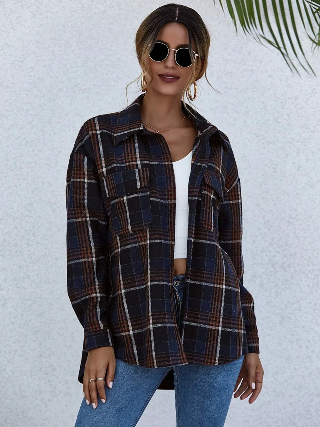 Women's Plaid Shirt Button-Up Long Sleeve Oversized Pocketed Top 4ec1cf27-c21b-4002-a6c9-fd256203ab2e-Max-Origin Trendsi