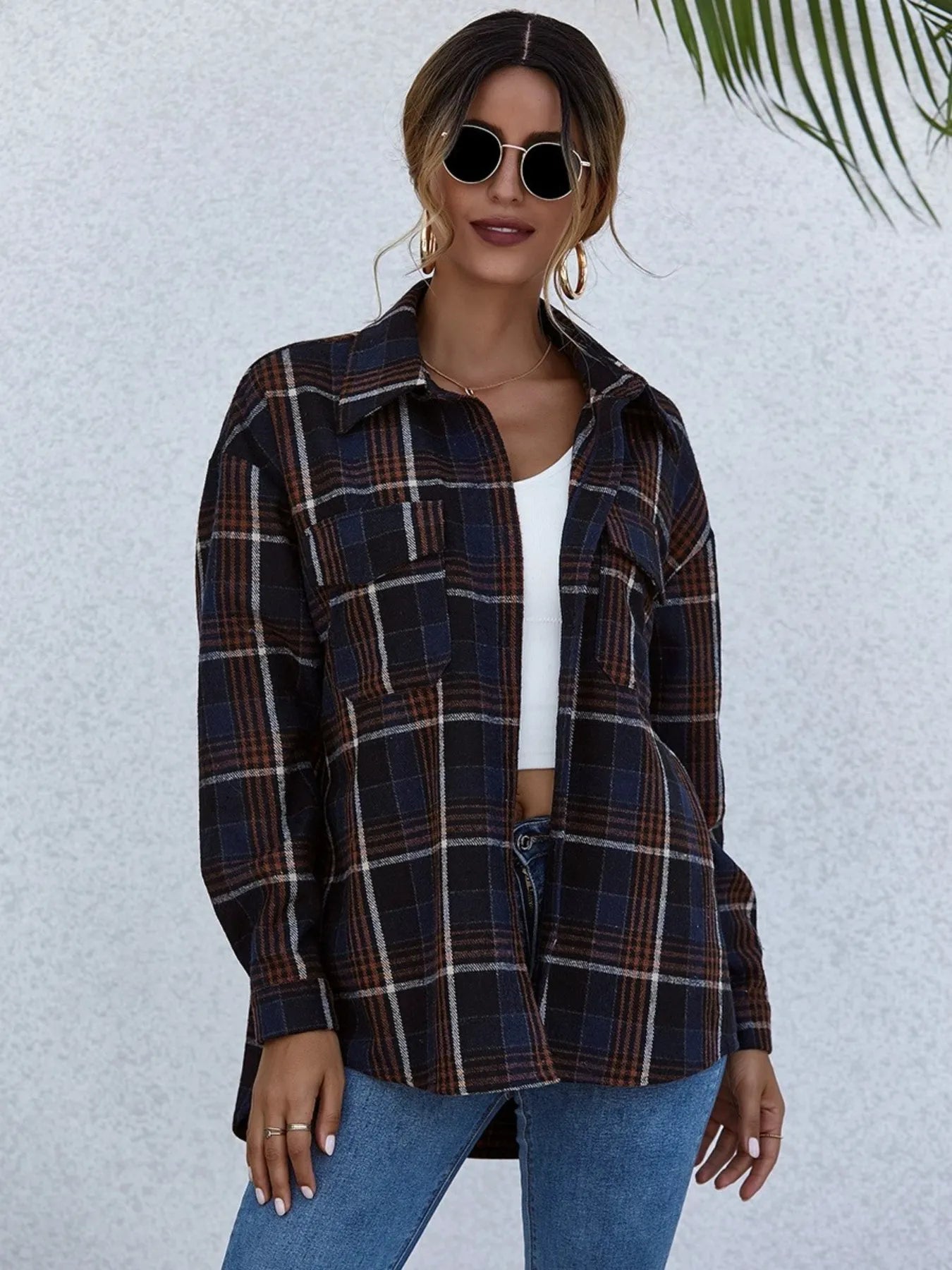 Women's Plaid Shirt Button-Up Long Sleeve Oversized Pocketed Top 4ec1cf27-c21b-4002-a6c9-fd256203ab2e-Max-Origin Trendsi