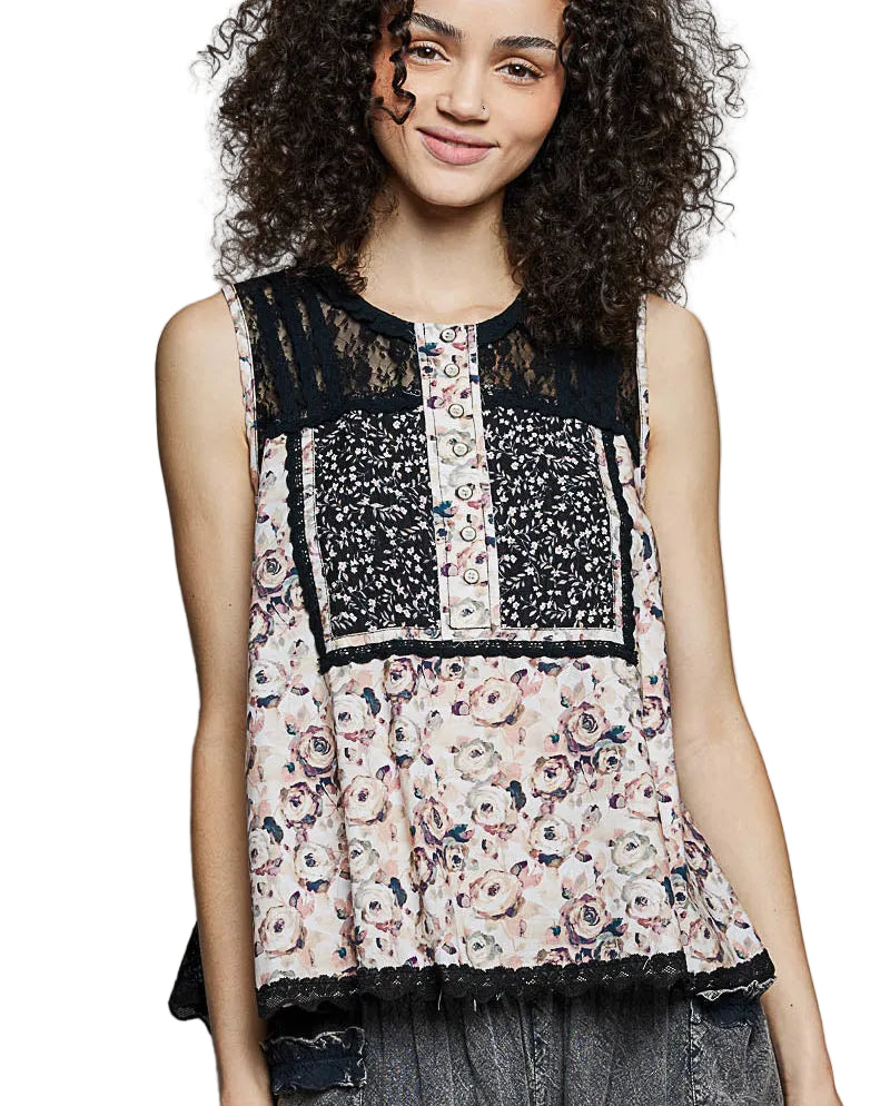 POL Printed Woven Lace Back Round Neck Sleeveless Top