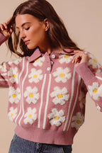 SO ME Women's Sweater Floral Stripe Mauve Ivory Polo Collar Pullover 4ec7f762-4981-49e8-b416-e6ac3192a28c-Max-Origin Trendsi