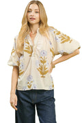 Umgee Floral Print V-Neck Top with Striped Trim and Puff Sleeves