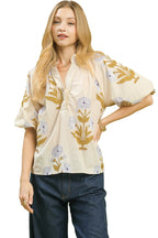 Umgee Floral Print V-Neck Top with Striped Trim and Puff Sleeves