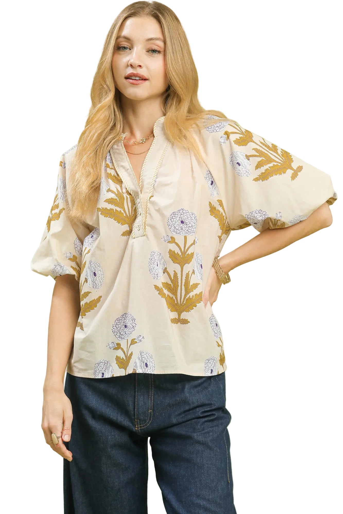 Umgee Floral Print V-Neck Top with Striped Trim and Puff Sleeves