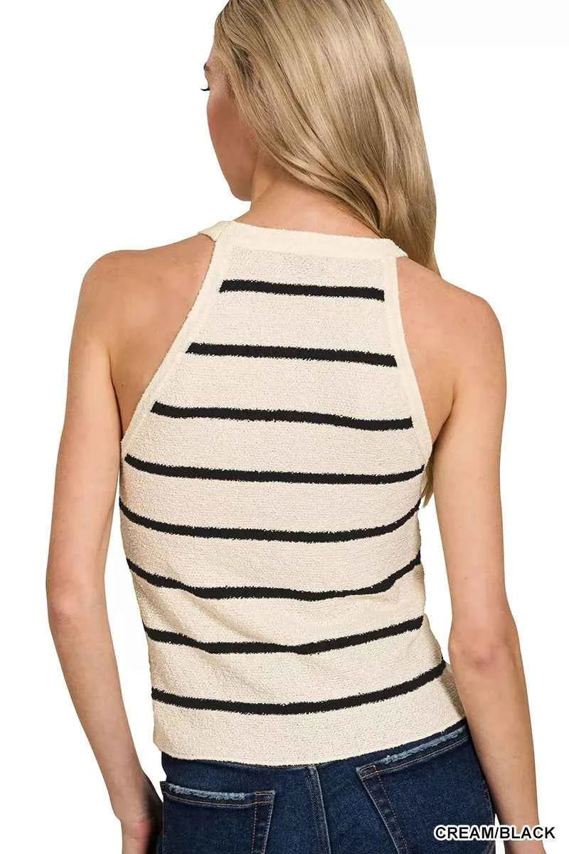 Zenana Women Sweater Tank Top Stripe Cream Black Sleeveless Knit Top 4ecd57e12dc940c5b3c75b2f2638b077-Max-Origin Trendsi