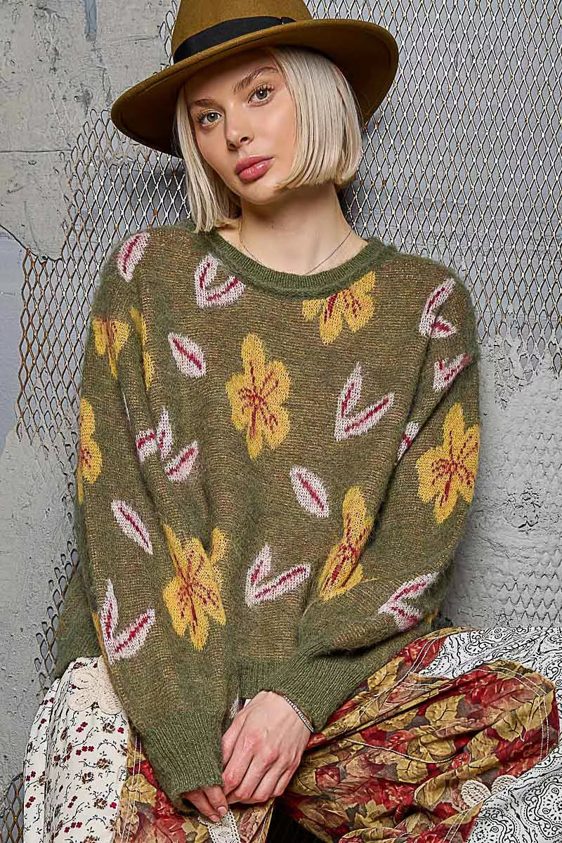 POL Womens Sweater Olive Floral Pattern Round Neck Balloon Sleeve 4ece50a8-c582-4743-9ea0-492b2908903f-Max-Origin Trendsi