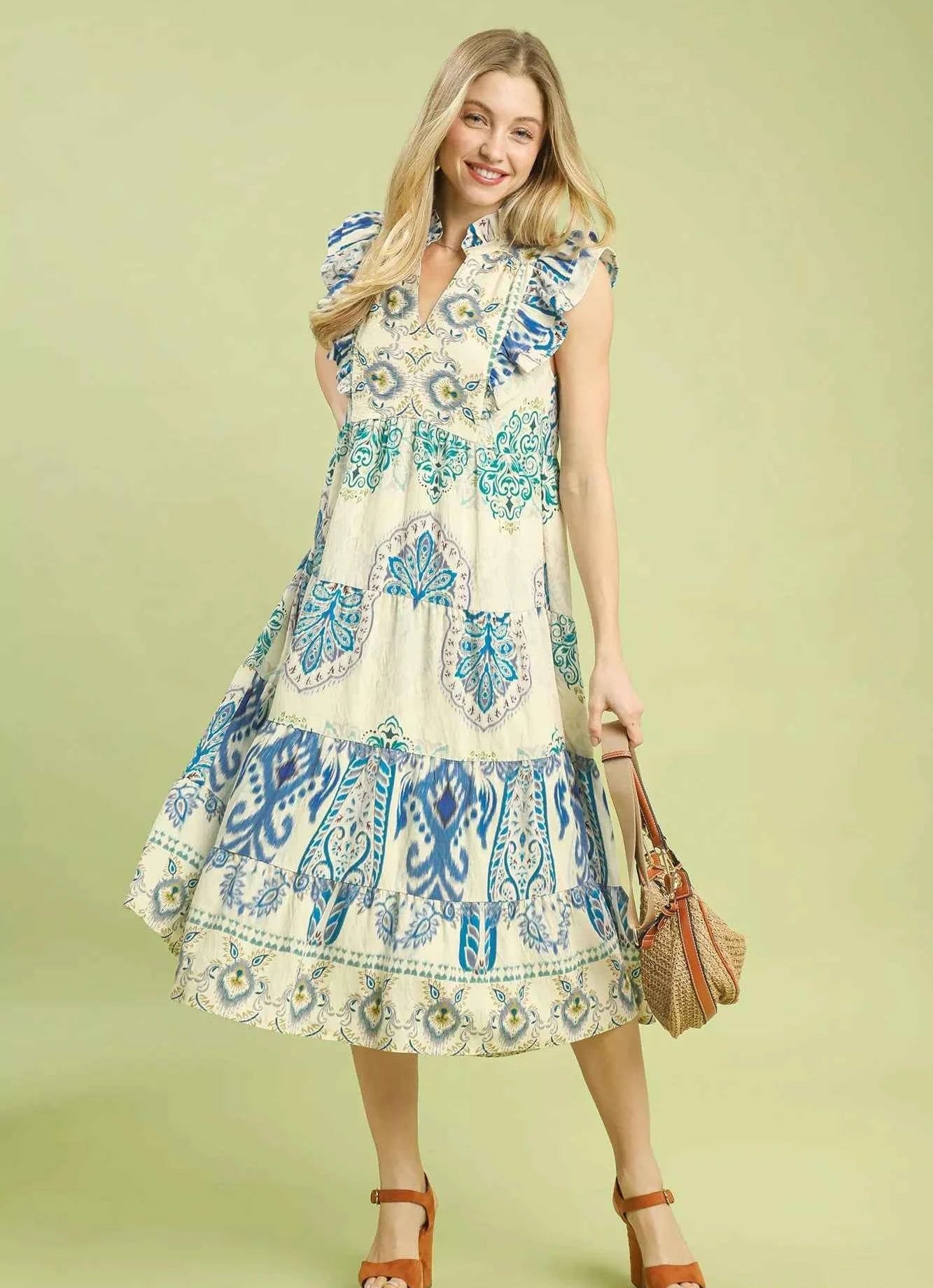 Umgee Midi Dress Blue Boho Boarder Print Ruffle Short Sleeve 4ed38f4f-8798-46f2-9f8d-928e6ee9521c-Max-Origin Trendsi