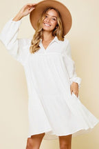 Ces Femme White Mini Dress Cotton Johnny Collar Balloon Long Sleeve White 4edfd40b-69ce-4eec-8370-ddfd4006f77b-Min Trendsi