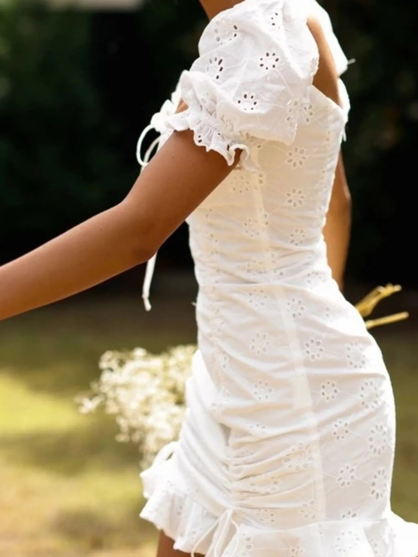 Crochet Mini Dress Cotton White Eyelet Ruffled Hem Lace Up Tied Neck 4ee5d3f8b0c24feeb6fb219f2ea73680-Max-Origin Trendsi