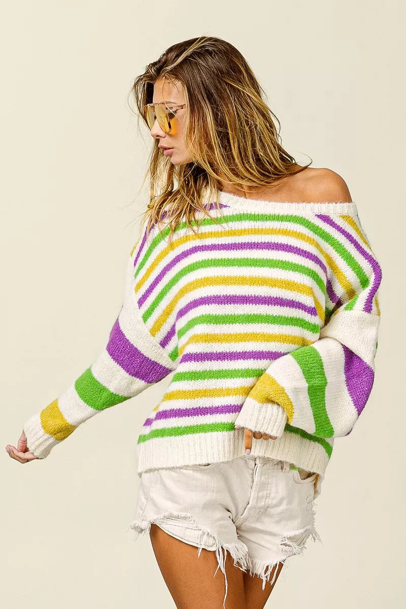 BiBi Womens Sweater Mardi Gras Colors Stripe Comfy Knit Pullover 4ef00075112640a58203c6e52b9f0578-Max-Origin Trendsi