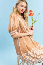 Umgee Babydoll Dress Latte Brown Paisley Mandala Print Short Sleeve Smocked 4ef0cb30-6614-4bb3-b985-2d5573922e91-Max-Origin Trendsi