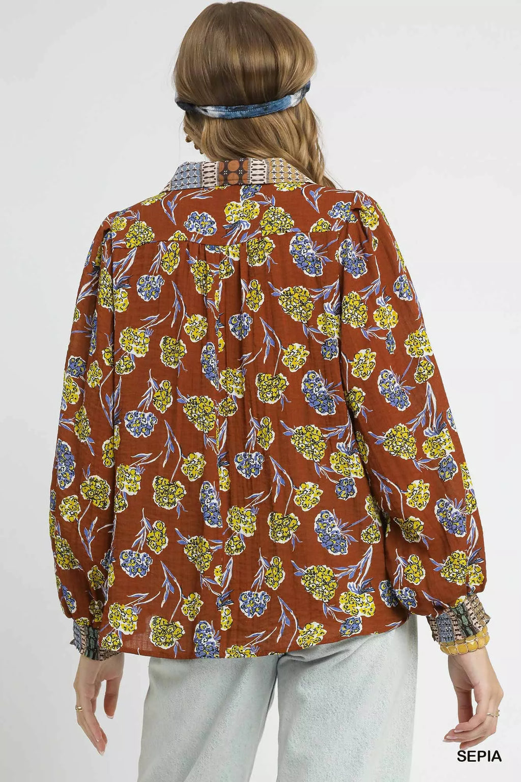 Umgee Womens Blouse Sepia Floral Print Collared Long Sleeve Top 4ef55bd5-7159-4938-96fc-39977cc44ae6-Max-Origin Trendsi