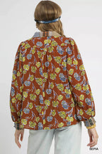 Umgee Womens Blouse Sepia Floral Print Collared Long Sleeve Top 4ef55bd5-7159-4938-96fc-39977cc44ae6-Max-Origin Trendsi