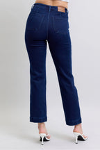 Judy Blue Straight Jeans High Waist Rivet Work Wear Knee Patch Dark Wash 4ef8de317d97473e85e5a3ccc99275e1-Max-Origin Trendsi