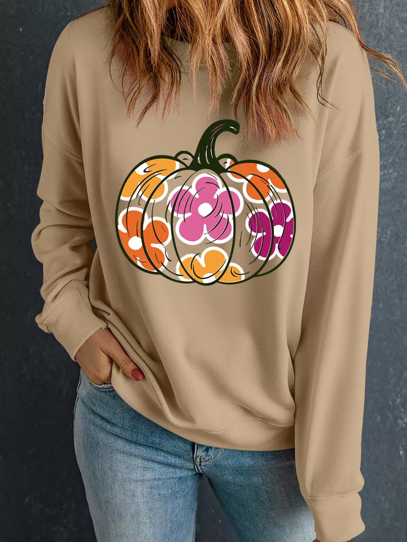 Halloween Women's Sweatshirt Kahki Floral Pumpkin Graphic Drop Shoulder Top 4efcca5ec1ce4bb48c7136a17d5e38a1-Max-Origin Trendsi