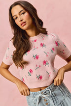 SO ME Womens Sweater Top Blush Pink Floral Pattern Knit Puff Short Sleeves 4f00eadce1eb4feb9ddb4f0e4795bcd3-Max-Origin Trendsi