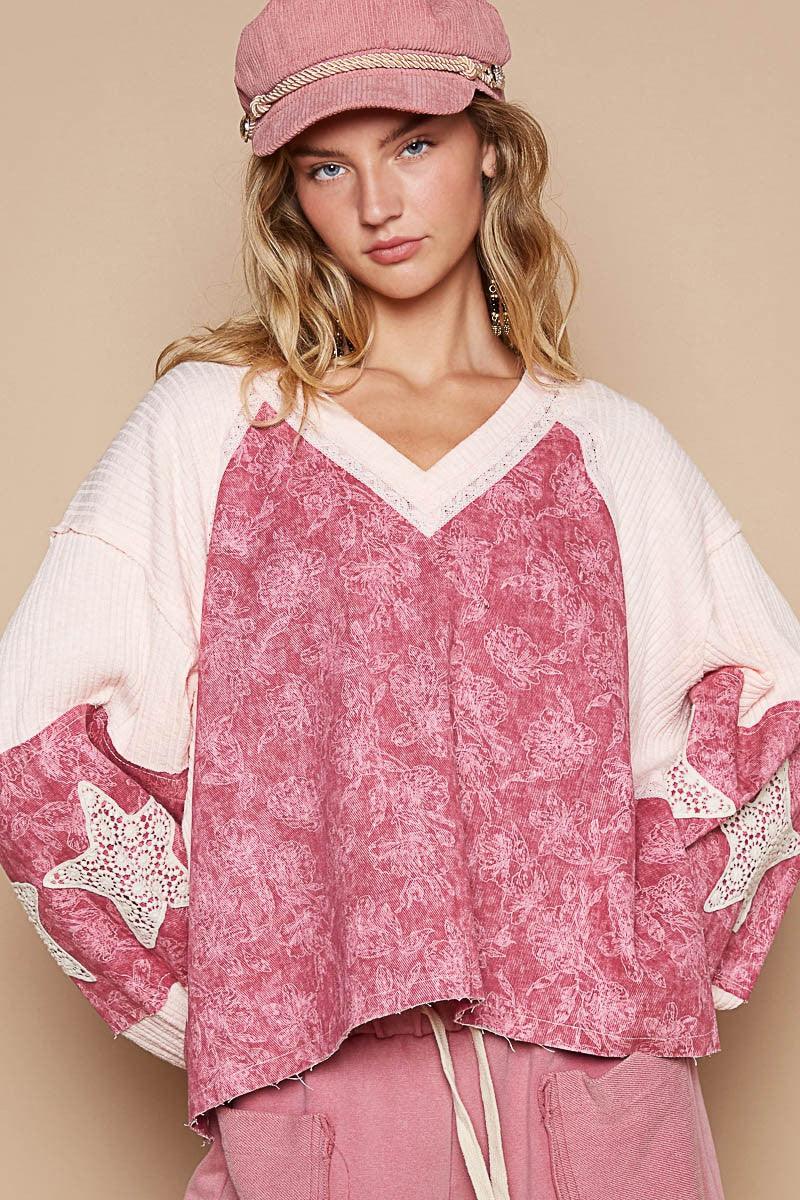 POL Top Floral Lace Detail Pattern V Neck Oversized Long Sleeve Blouse