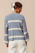 SO ME Womens Sweater Dusty Blue Ribbed Striped Round Neck Pullover 4f080109410746b3be4588f468bc4712-Max-Origin Trendsi