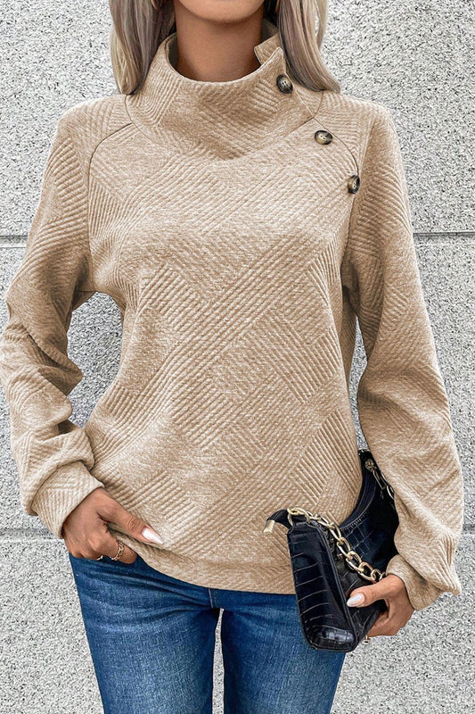 Sweatshirt Turtleneck Buttoned Collar Textured Long Sleeve