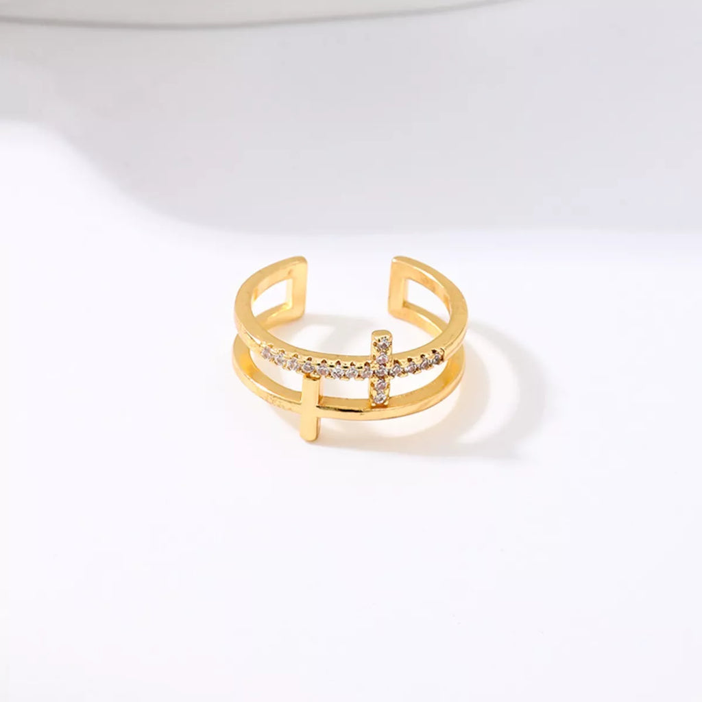 Cross Open Ring 18K Gold-Plated Rhinestone Gold Jewelry 4f188d31-a039-4250-97a1-67204c097116-Max-Origin Trendsi