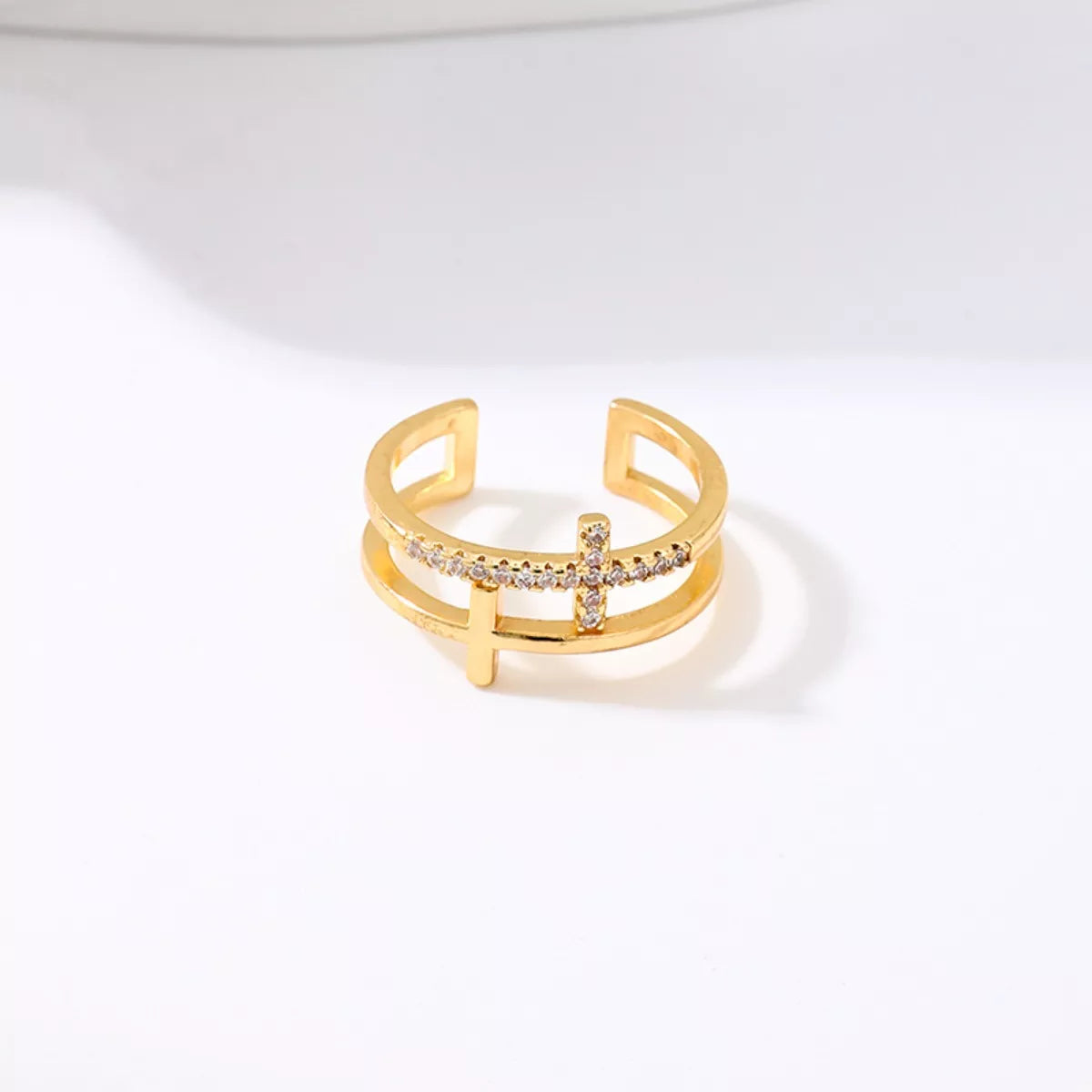 Cross Open Ring 18K Gold-Plated Rhinestone Gold Jewelry 4f188d31-a039-4250-97a1-67204c097116-Max-Origin Trendsi