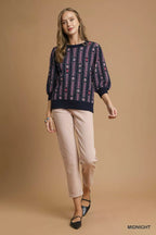 Umgee Womens Sweater Jacquard Knit Midnight Bue Puff Sleeve Pullover 4f31b263-0d86-496f-9b85-72326c4cbb52-Max-Origin Trendsi