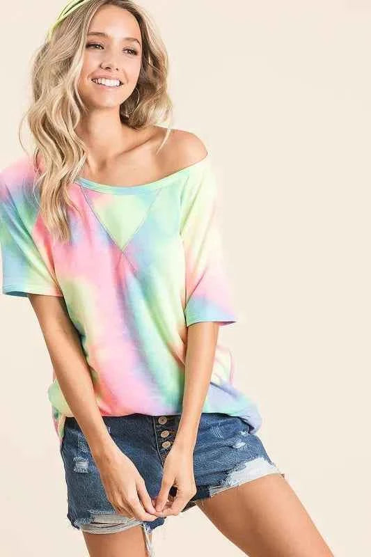 BiBi Women T-shirt Tie Dye Pastel Multi Color French Terry Print Top 4f359788c6e44fa5aa81f52b8112637f-Max-Origin Trendsi