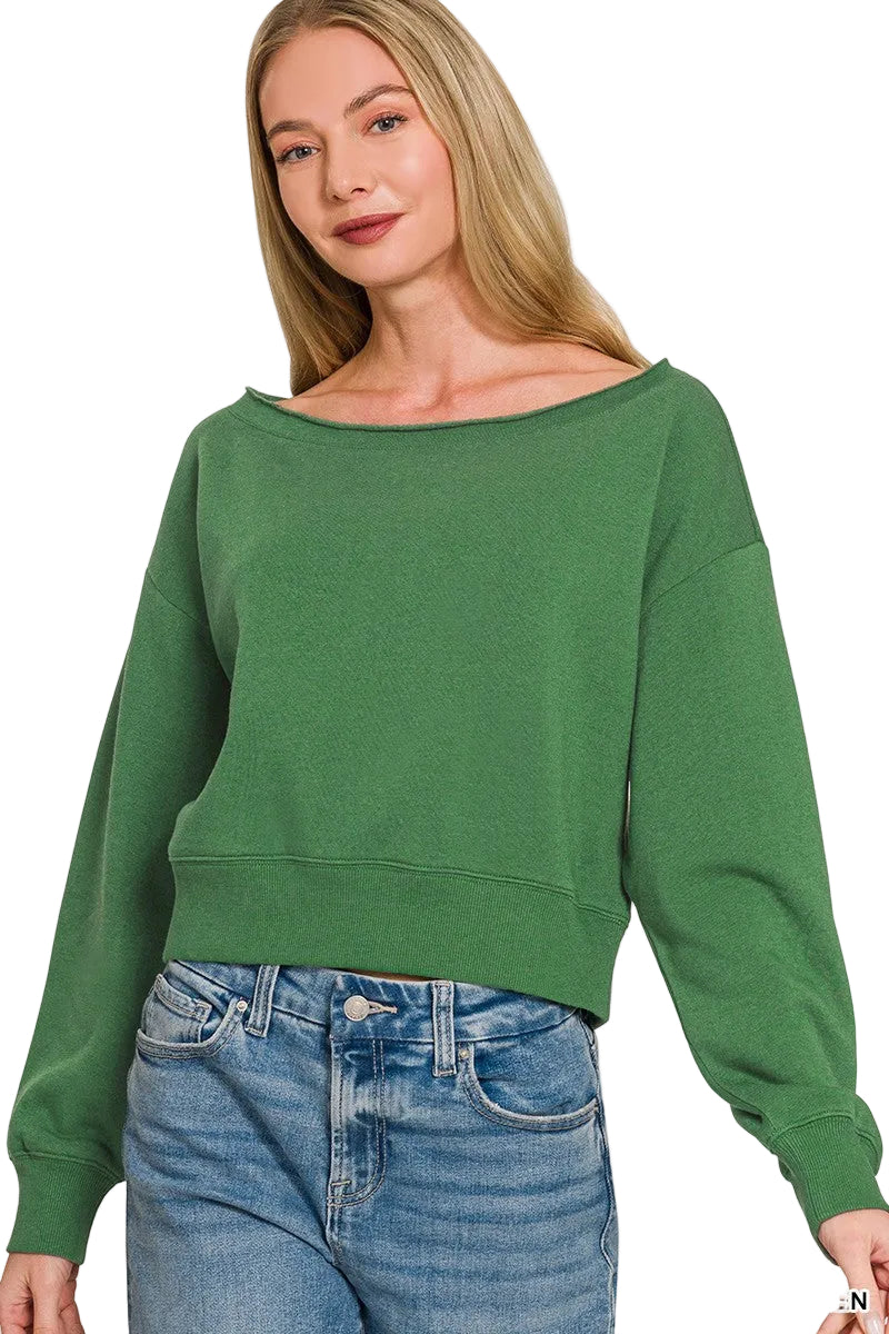Zenana Fleece Boat Neck Cropped Sweatshirt