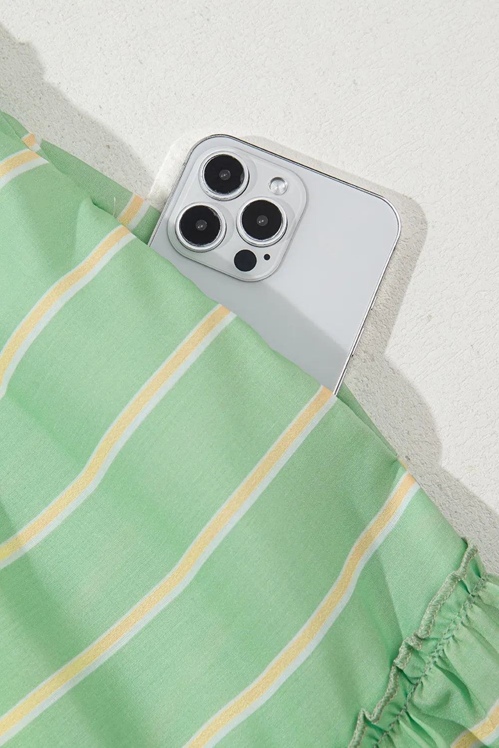 Ruffle Dress Stripe V Neck Green Short Sleeve Frilled Detail 4f3db137-06b6-4bcf-b40b-7629a69e7dce-Max-Origin Trendsi