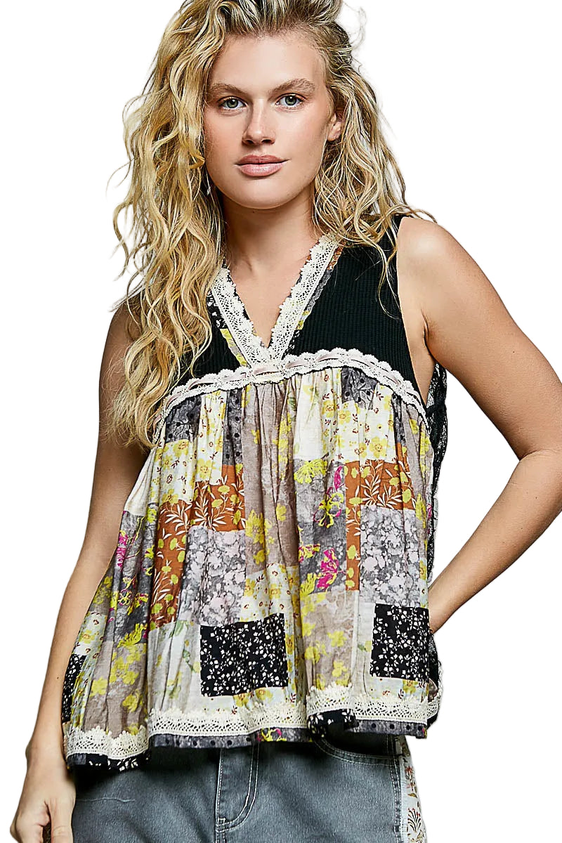 POL Floral V-Neck Sheer Tank Top with Lace Trim