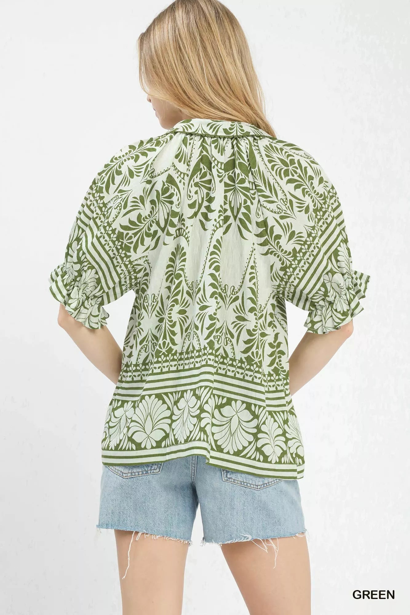 Umgee Women Blouse Green Two Tone Boarder Print Top Short Sleeve 4f3f99a8-9f06-4b99-8212-273a49fa2d68-Max-Origin Trendsi