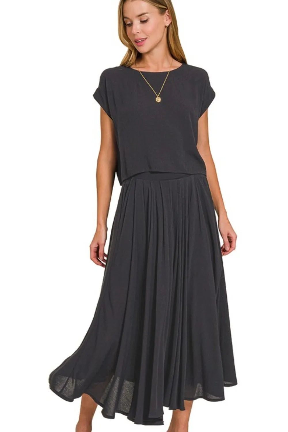 Zenana Woven Crinkle Gauze Crop Tee & Skirt Set