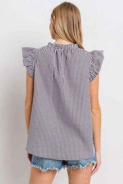 Ces Femme Plaid Blouse Notched Ruffled Cap Short Sleeve 4f51cfa1-514b-4802-9986-d407058d103f-Min Trendsi