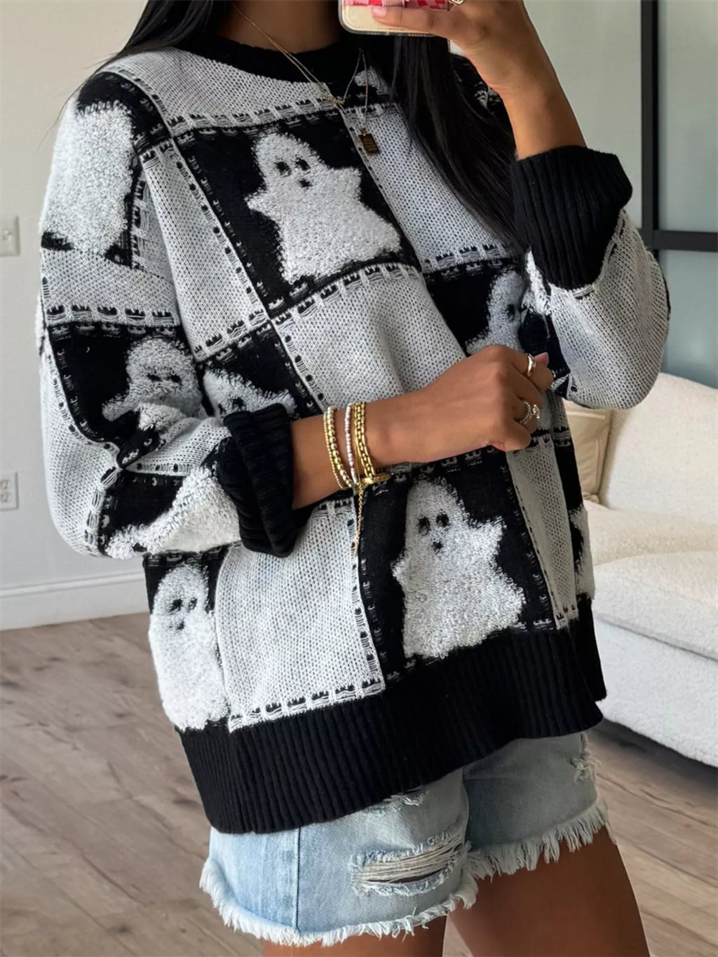 Women's Sweater Halloween Ghost Checkered Drop Shoulder Long Sleeve 4f5482529ede4b3c956ab540839cdd68-Max-Origin Trendsi
