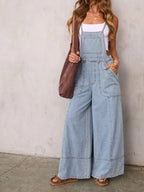Relaxed Fit Wide Leg Denim Overalls with Pockets, Rayon and Polyester Blend