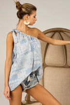 BiBi Top One Shoulder Tied Ribbon Blue Aztec Printed Woven Asymmetrical Blouse 4f6476ce689e4fa38db990873a37f286-Max-Origin Trendsi