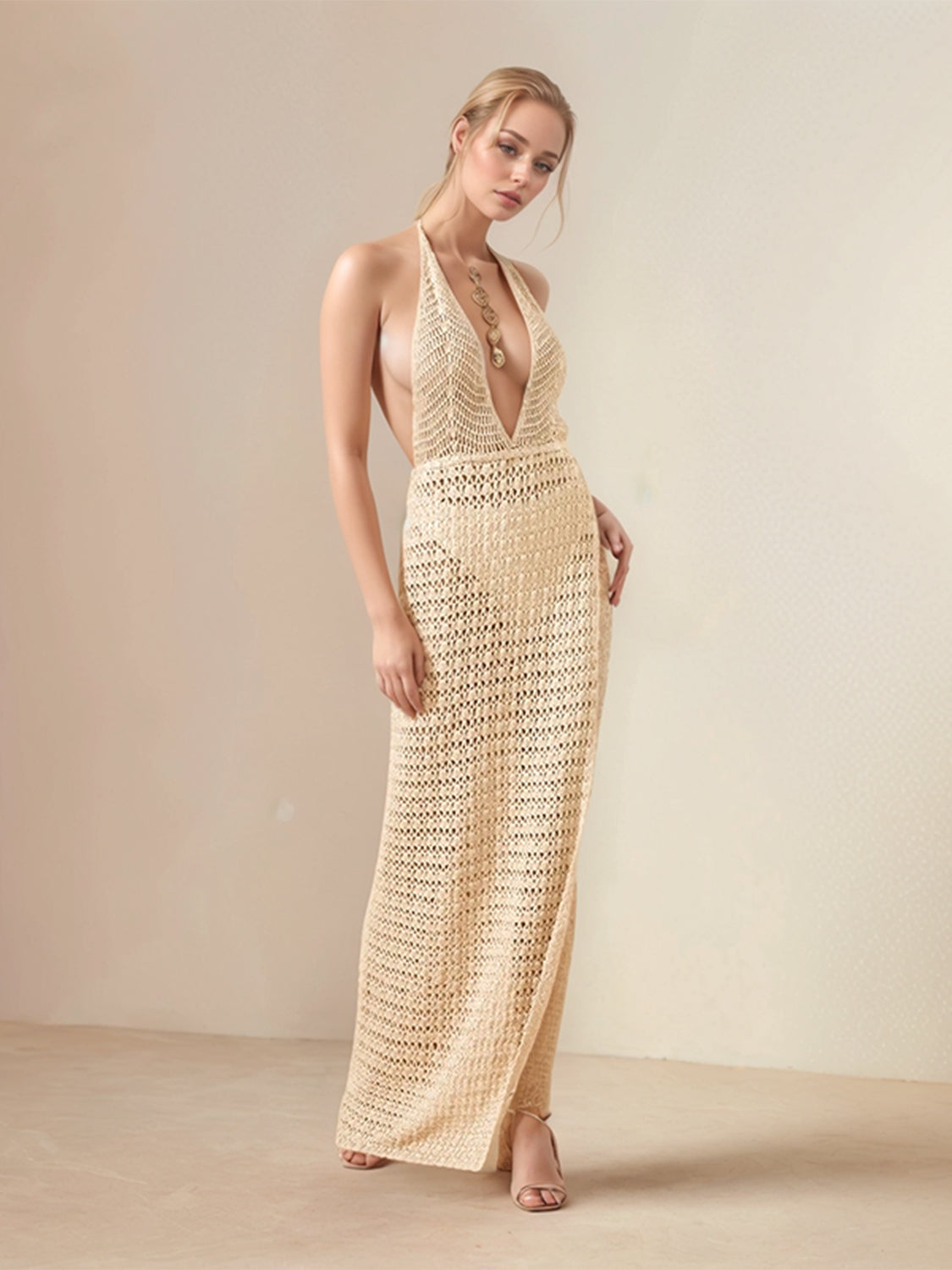 Cover-Up Dress Hollow Out Halter Neck Backless Sexy Side Slit Knit 4f6a00f3-7465-4347-bf31-3b0848134702-Max Trendsi