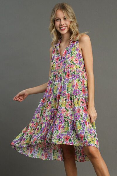 Umgee Floral Tiered Dress V Neck Sleeveless High-Low Hem Ruffle Violet VIOLETMIX 4f72b263-fa90-425d-8f55-6b9f2bed1d4d-Min Trendsi