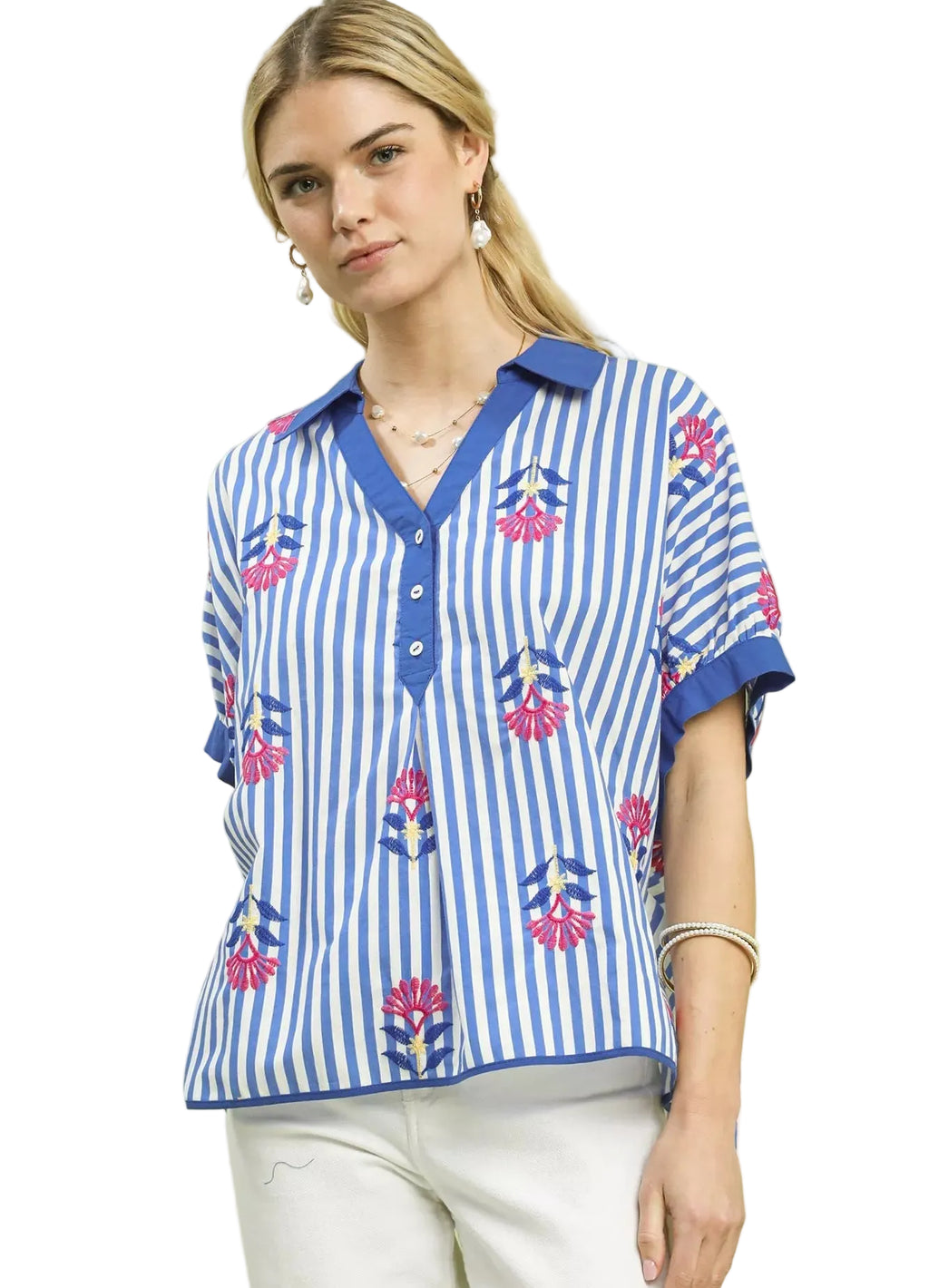 Umgee Stripe Embroidered Button-Front Boho Blouse