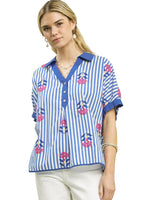 Umgee Stripe Embroidered Button-Front Boho Blouse