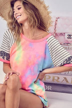BiBi Tie Dye Woemens Blouse French Terry Top With Stripe Raglan Short Sleeve PASTEL TIEDYE 4f87655bf9df448d96ec94abff8dad95-Max-Origin Trendsi