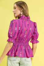Umgee Blouse Red-Violet Printed Half Sleeve Peplum Ruffled Smocked Top 4f887544-d7a0-4e83-ba91-eda660098a8e-Max-Origin Trendsi