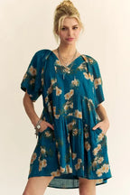 Davi & Dani Mini Dress Floral Print Teal Blue Short Bell Sleeve Pleated Pocketed Teal Blue 4f8d388e08d14be883011eb95dfa088a-Max-Origin Trendsi
