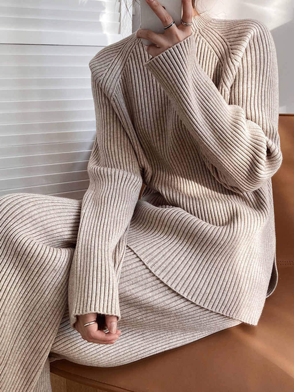 Women Sweater Set Mock Neck Raglan Sleeve Top and Pants 2 Pcs Set 4f969883-6a65-4bb0-937d-52fc4999ed65-Max Trendsi