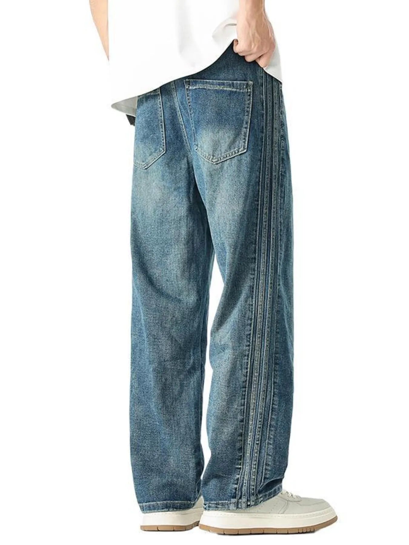 Men's Straight Leg Jeans Blue Washed with Side Stripes Denim Basic Style 4f9baa96837645e996e9b5cf40d3280f-Max-Origin Trendsi